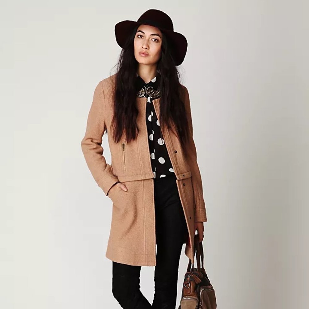 Free People | Camel Wool Convertible Zip Coat, Wear Long or Moto Jacket, Small